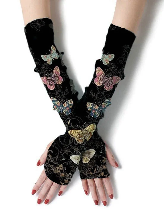 Retro butterfly print sleeve decoration fingerless sleeve gloves sun