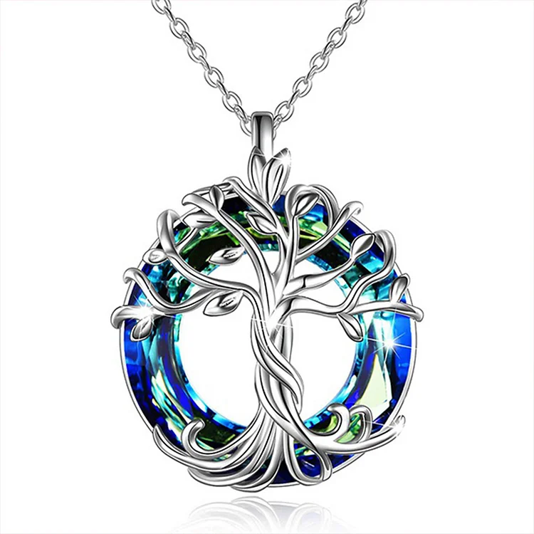 Celtic Tree Of Life Blue Crystal Round Pendant Necklace For Women Girls VangoghDress