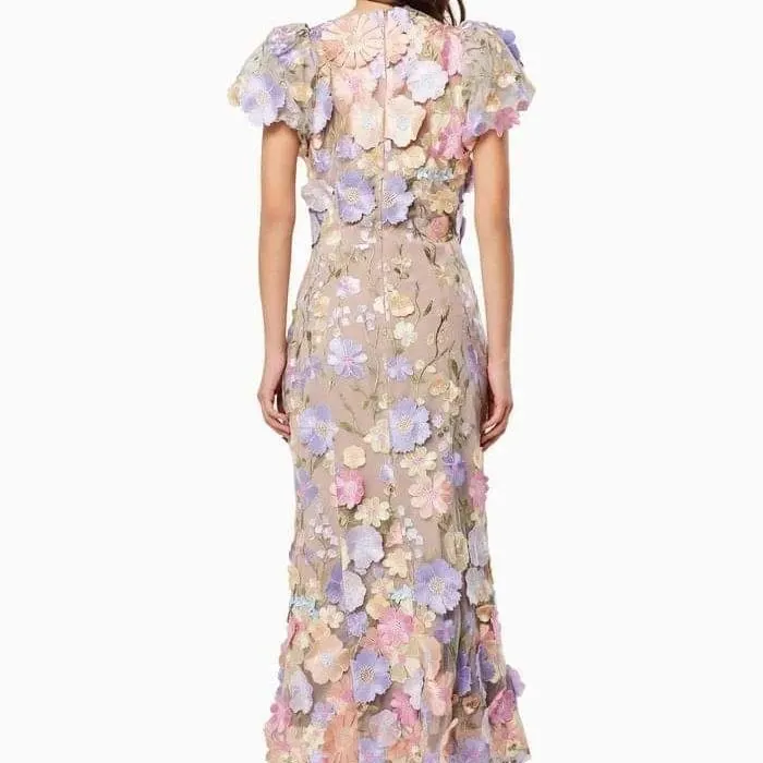 Uveng Uveng 2025 New Light Luxury Collar Embroidered Three-Dimensional Flower Bubble Sleeve Long Dress Bag Hip Dress