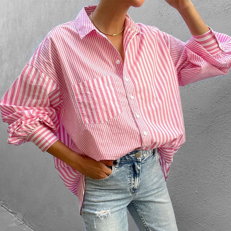Toloer Toloer Spot Spring 2024 New Women's Fashion Temperament Lapel Loose Long Sleeve Striped Shirt-Outfit Ideas