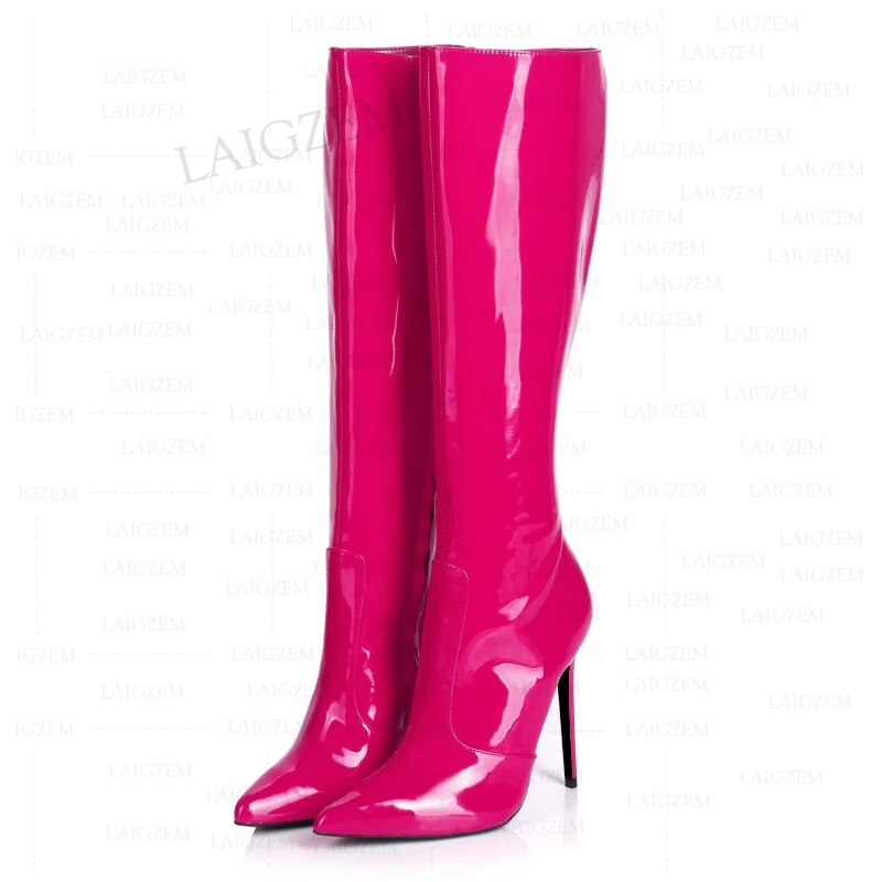 VCSHOES Women Knee High Boots Shiny Full Zip Up Pointed Toe Stiletto Thin High Heels Tall Boots Shoes Woman Big Size 37 45 47