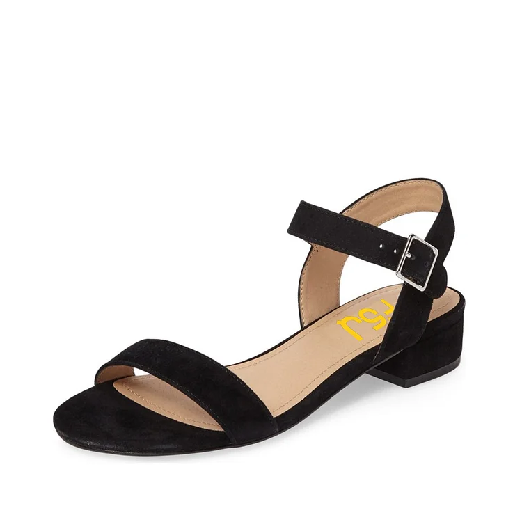 Black Vegan Suede Shoes Open Toe Chunky Heel Comfortable Summer Sandals |FSJ Shoes
