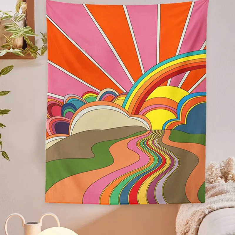 70's Girly Rainbow and Floral Tapestry Wall Hanging 70's Sunset and Flowers Tapestry Decor Living Room Bedroom Bohemian Print