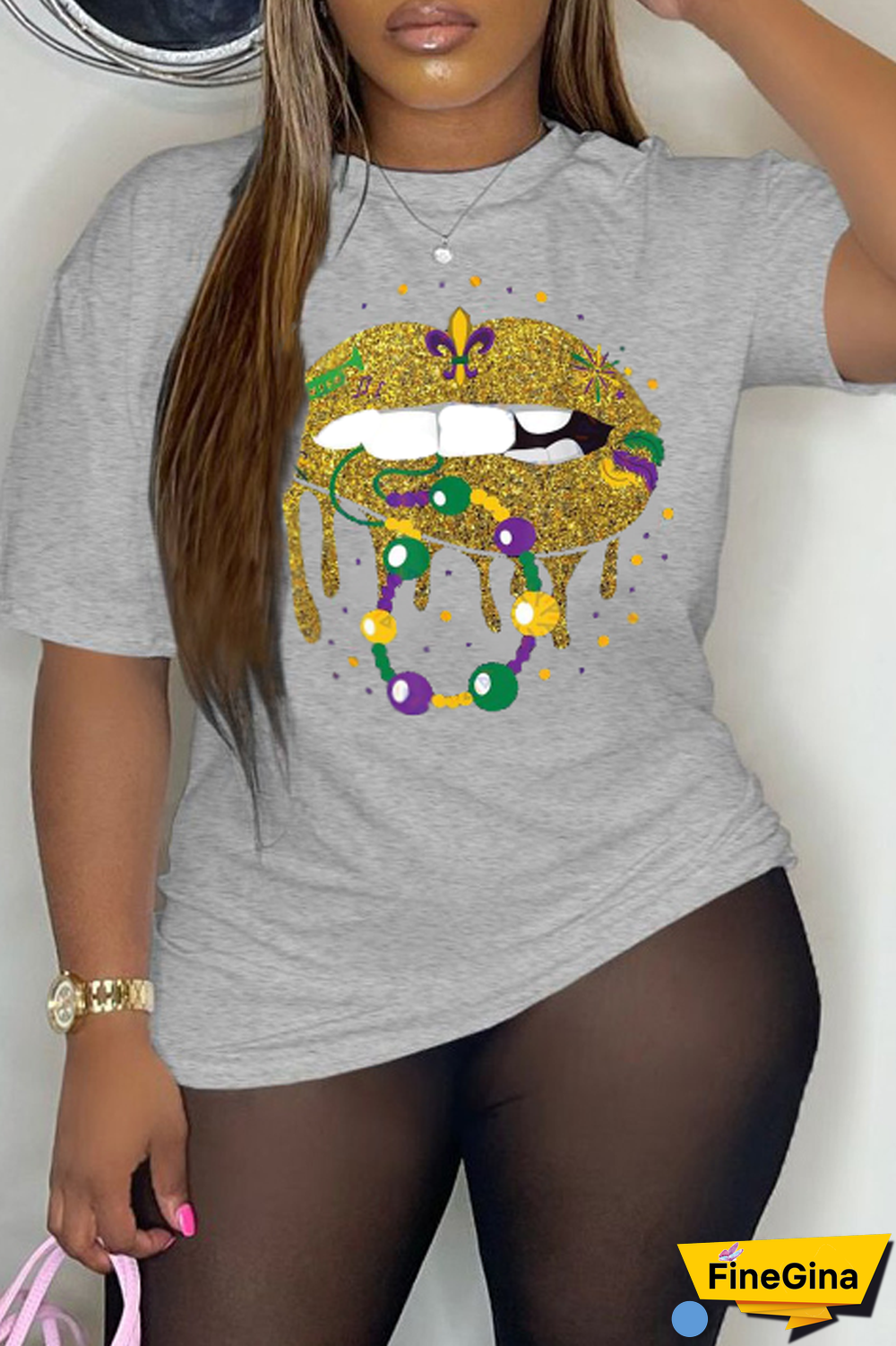 Grey Party Vintage Lips Printed Patchwork O Neck T-Shirts