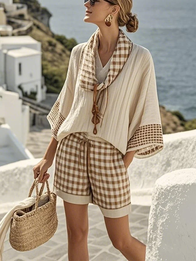 Women'S Loose Striped Scarf Holiday Shorts Set 