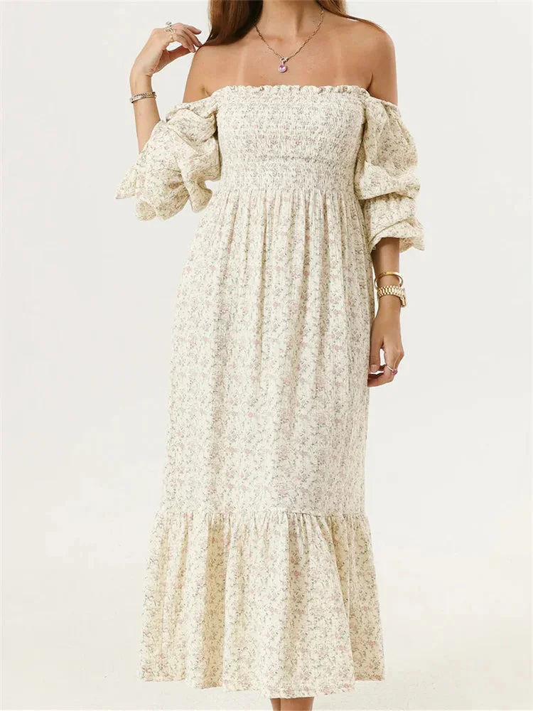 Nncharge Vintage Floral Dress Puff Long Sleeve Off Shoulder Ruffle Long Dress Spring Fall Casual Vintage Bohemian Dresses