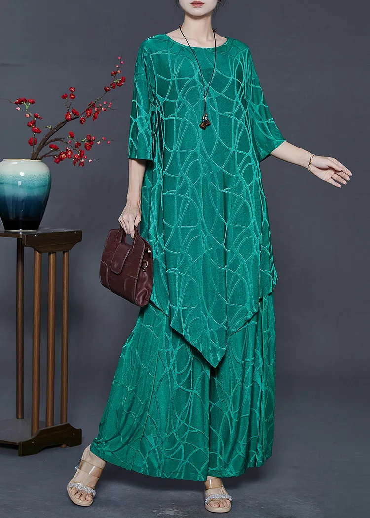 Boho Green Asymmetrical Print Silk Two Pieces Set Summer