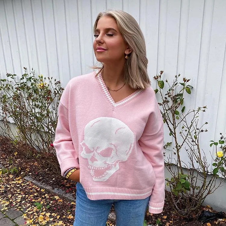 GRUNGE KNITTED SKULL PRINTED LOOSE SWEATER