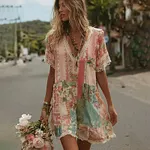 Women's Vintage Floral Patchwork Art Pattern Short Sleeve Mini Dress - Image 2