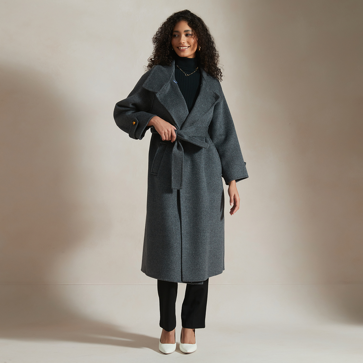 British Collection Double-Breasted Funnel-Collar Wool Coat-Gray REAL SILK LIFE