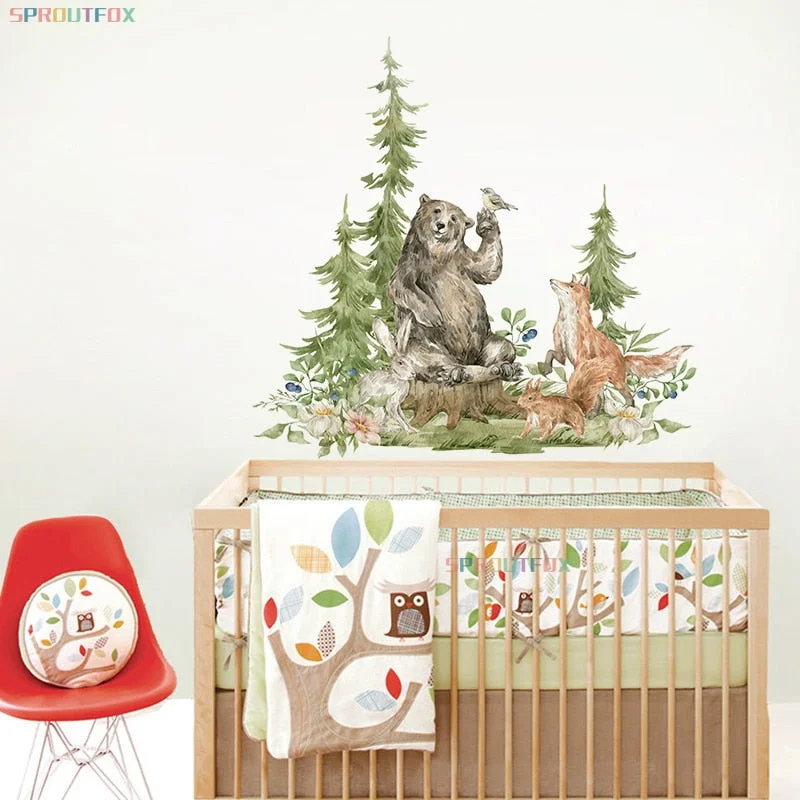 Nordic Cartoon Bear Fox Wall Sticker Treen Green Forest Animal Wall Decals for Children Room Boys Home Decoration Living Room