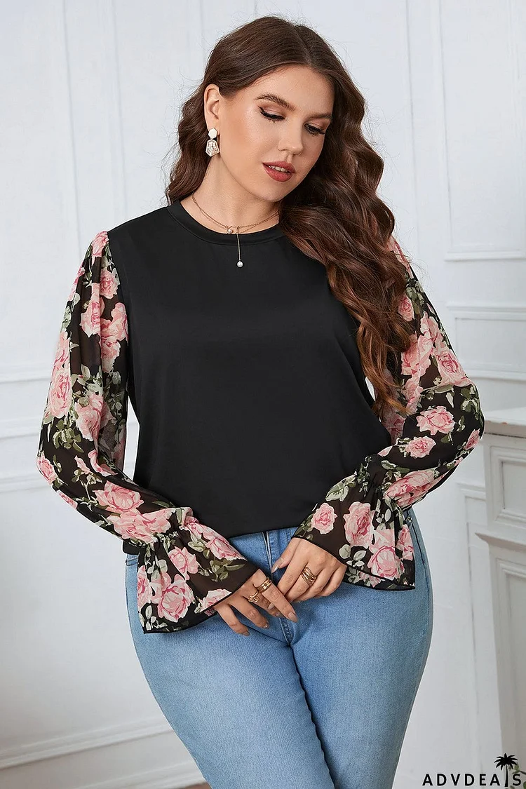 Plus Size Floral Flounce Sleeve Blouse