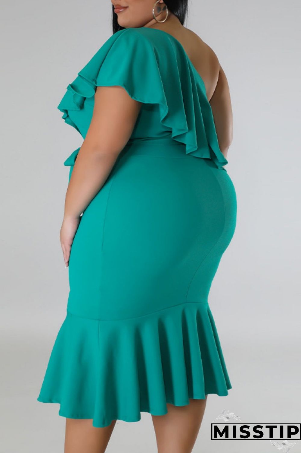 Green Casual Solid Patchwork Backless Oblique Collar Plus Size Dresses