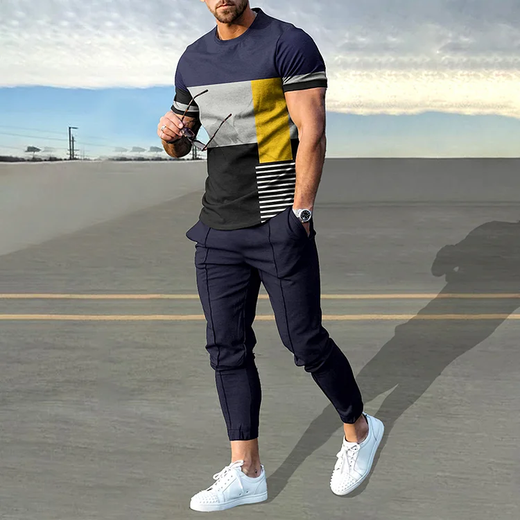 BrosWear Navy Blue Color Contrast Geometry Print T-Shirt And Pants Co-Ord