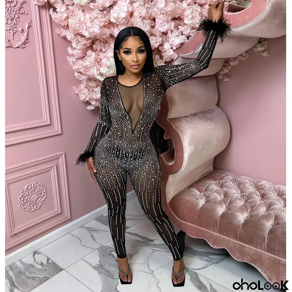 Fashion Women's Mesh Beaded V-Neck Long Sleeve Feather Long Library Jumpsuit
