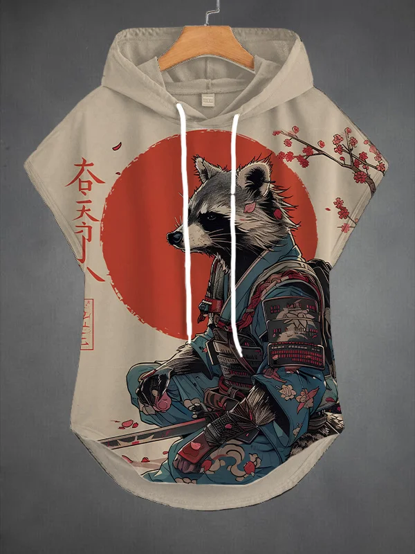 Men's Japanese Art Raccoon Samurai Print Hooded Tank Top