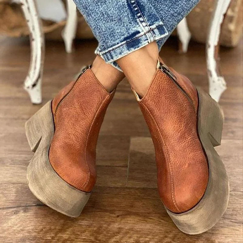 Stylish Women Ankle Boot Faux Leather Zipper Ladies Platform Boots Street Style Closed Toe Height Increasing Female Casual Shoes