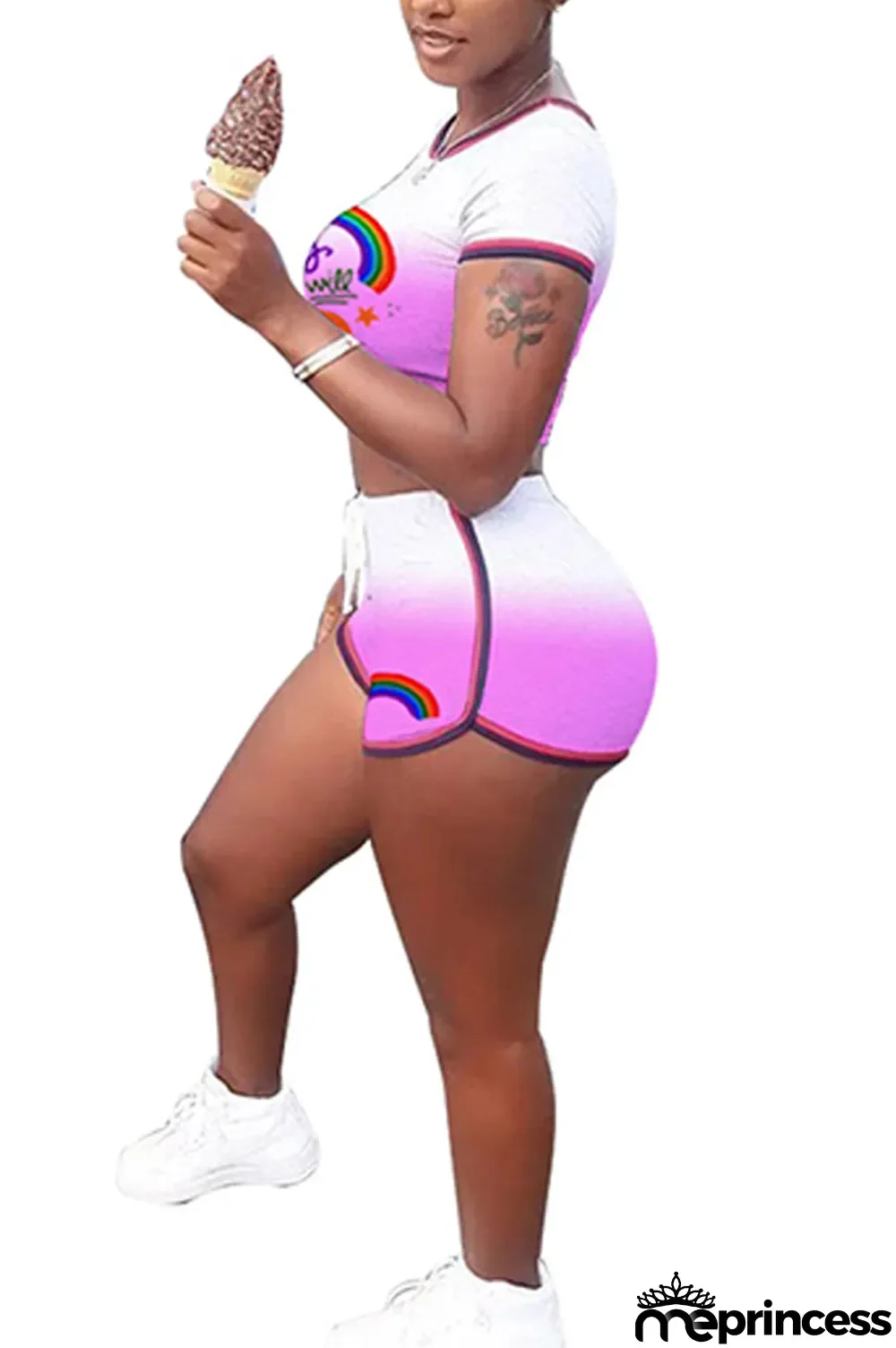 rose red Polyester Fashion Casual Print Two Piece Suits Straight Short Sleeve Two Pieces