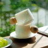 White Porcelain Exquisite Cat and Dog Round Wooden Handle Coffee Cup Set
