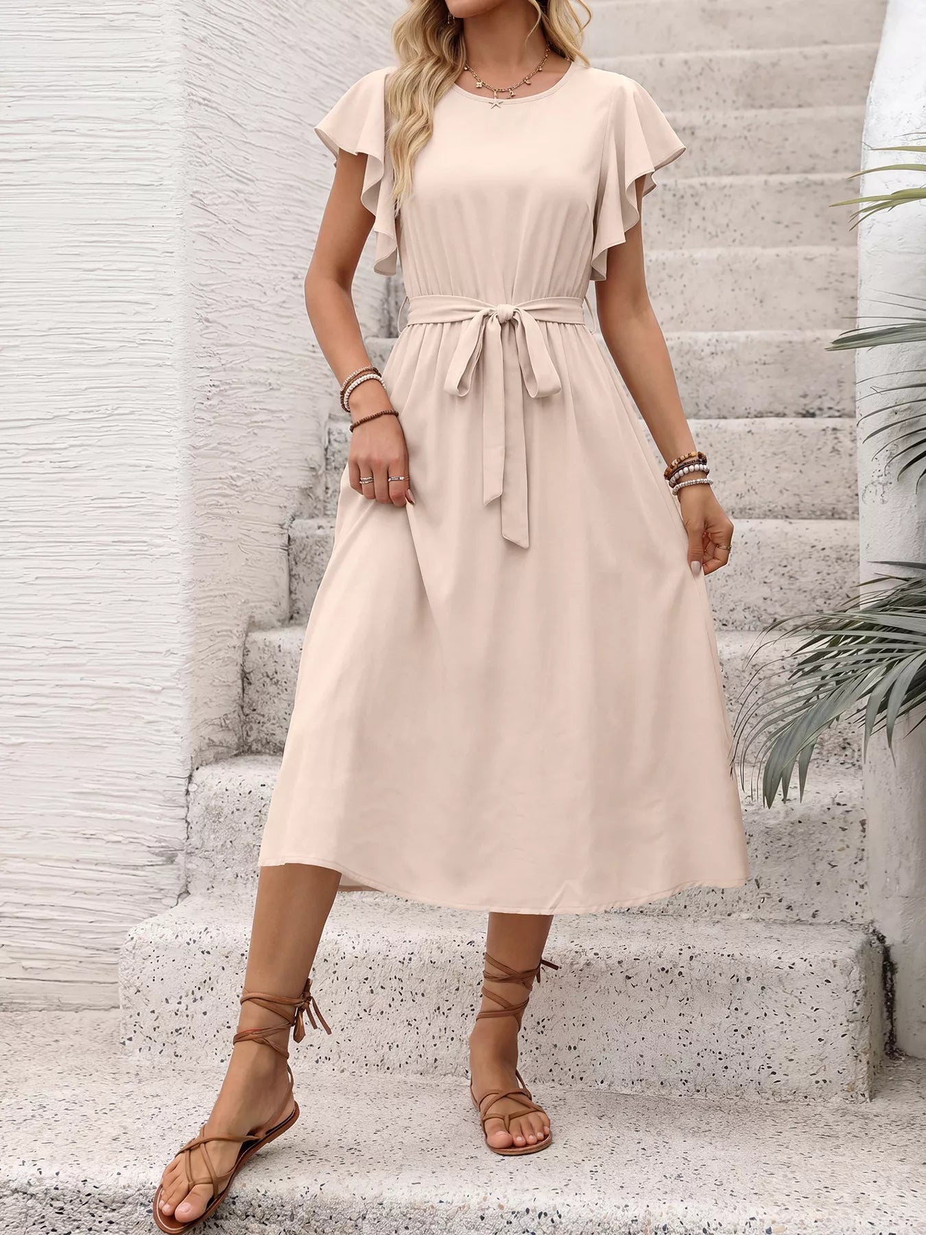 Ruffle Sleeve Tie Waist Midi Dress mysite idetrend
