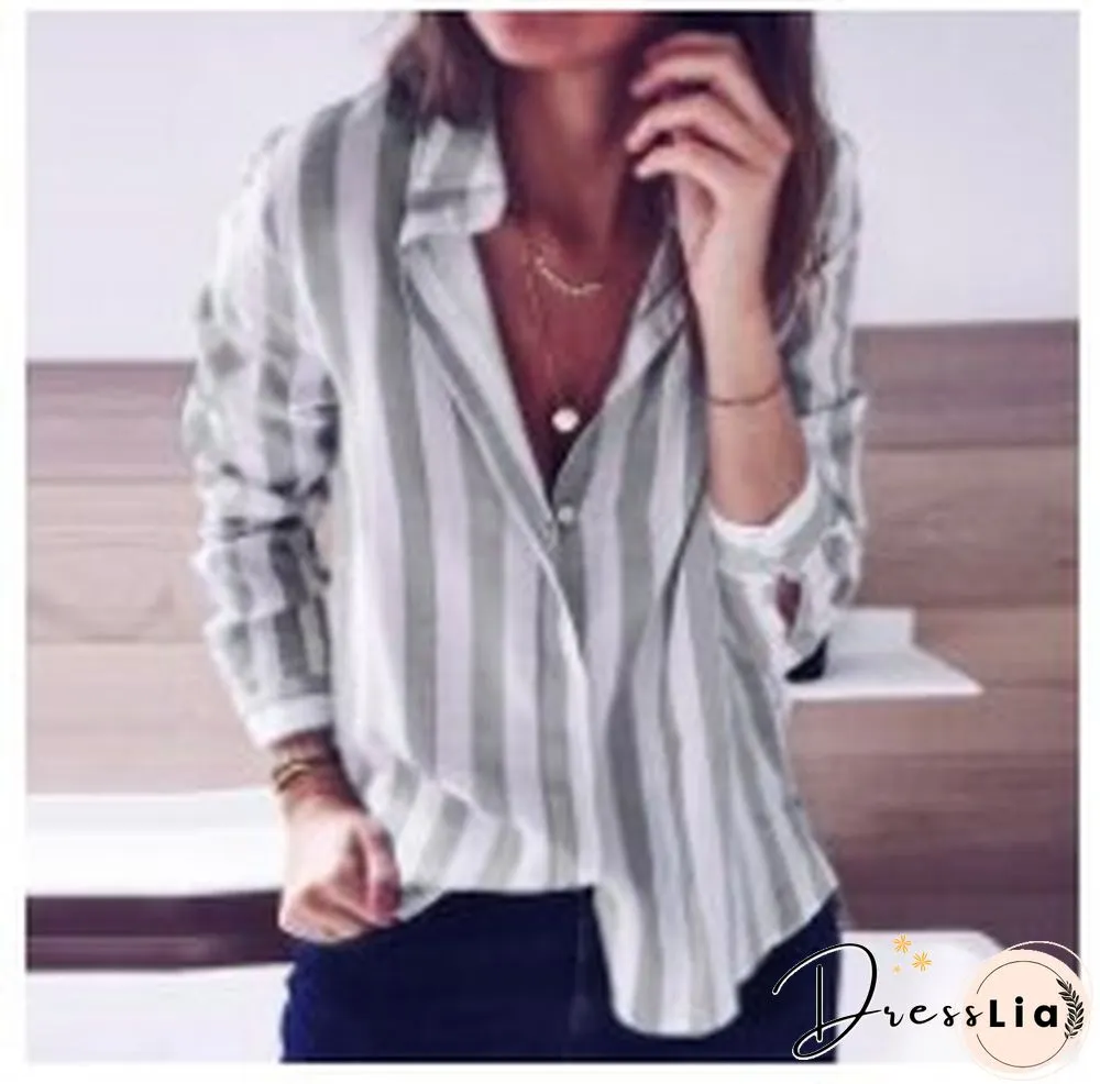 Autumn And Winter Casual Striped Candy Color Long-sleeved Shirt Top Women's Clothing