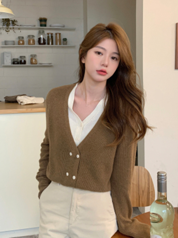 Women Basic Patchwork Cardigan V-Neck Sweater Autumn 90s Gyaru Long Sleeve Double Breasted Knitted Fashion Pullover New Design