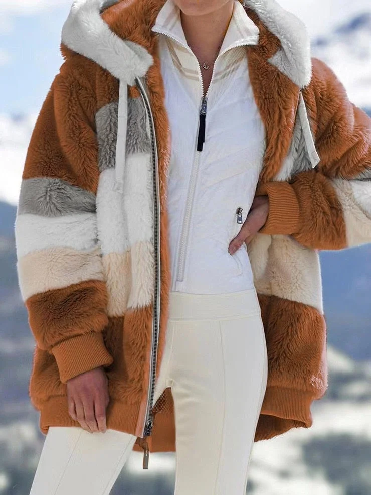 Coat Women's Winter 2021 New Loose Plush Stitching Hooded Cardigan Women's Warmth