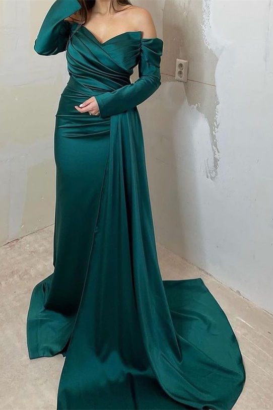 Off-the-Schulter süßes Abendkleid mit langen Ärmeln vorne Schlitzs Meerjungfrau Abendkleid mit Rüschen PD0907 Lunass