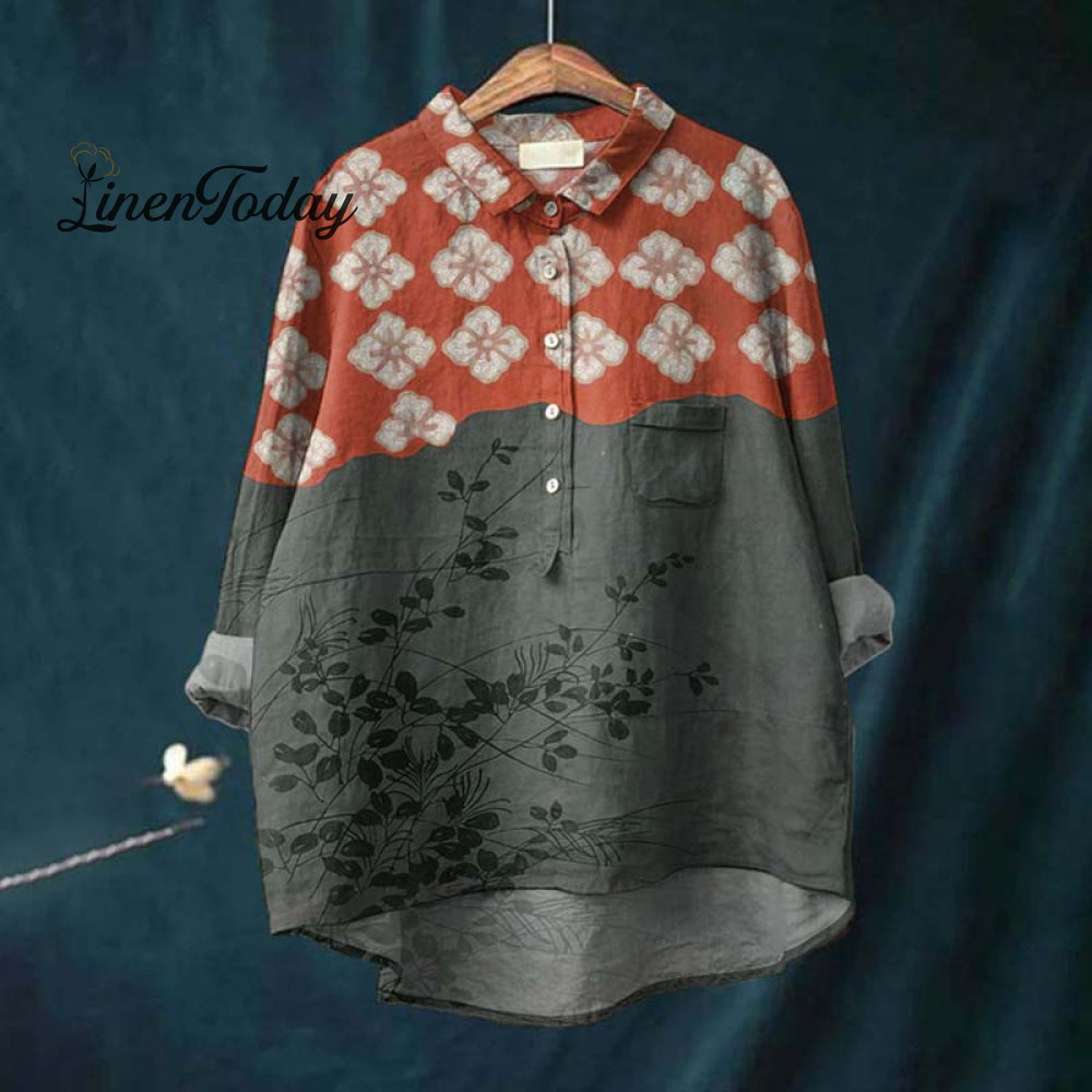 Japanese Art Flower Print Lapel Loose Linen Blend Shirt Dark Gray / S