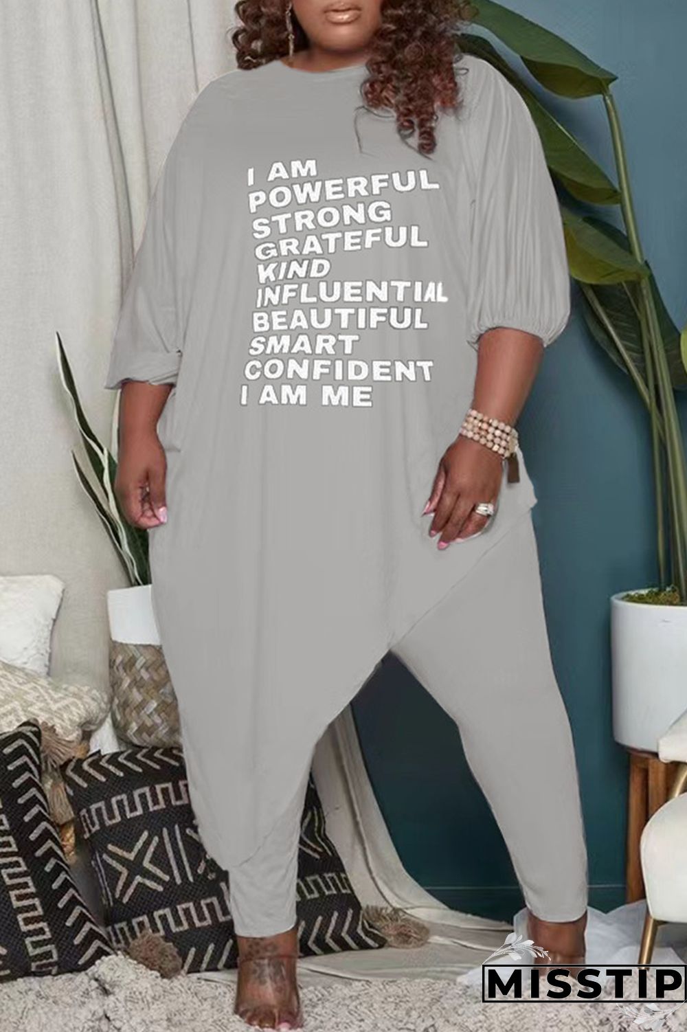 Black Casual Letter Print Asymmetrical O Neck Plus Size Two Pieces