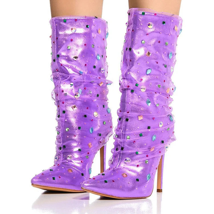 Purple Stiletto Lace Shoes Women'S Elegant Pointy Toe Rhinestone Heels Fashion Mid-Calf Boots |FSJ Shoes