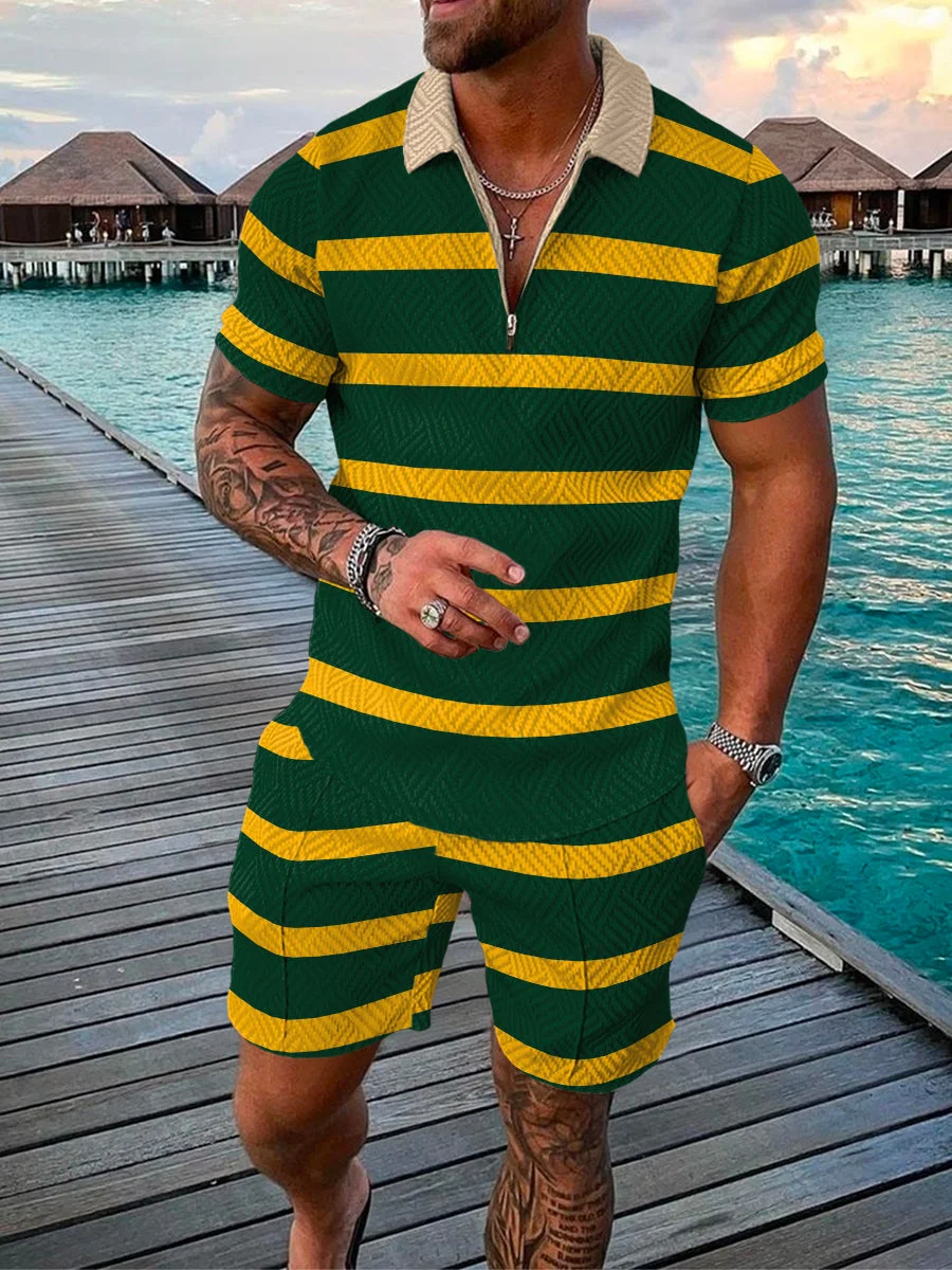 Men's Holiday Yellow-Green Striped Printed Polo Suit
