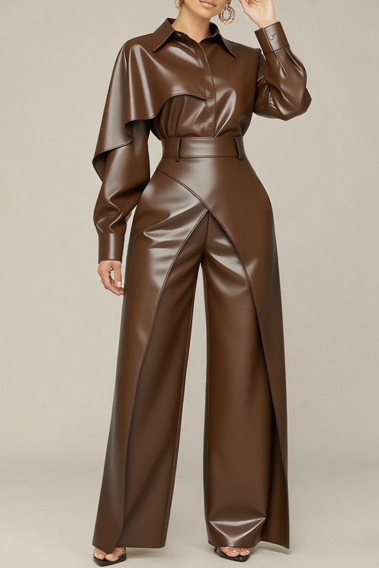 Plus Size Daily Brown Shirt Collar Long Sleeve Pocket Vintage PU Leather Two Piece Pant Sets [Pre-Order]