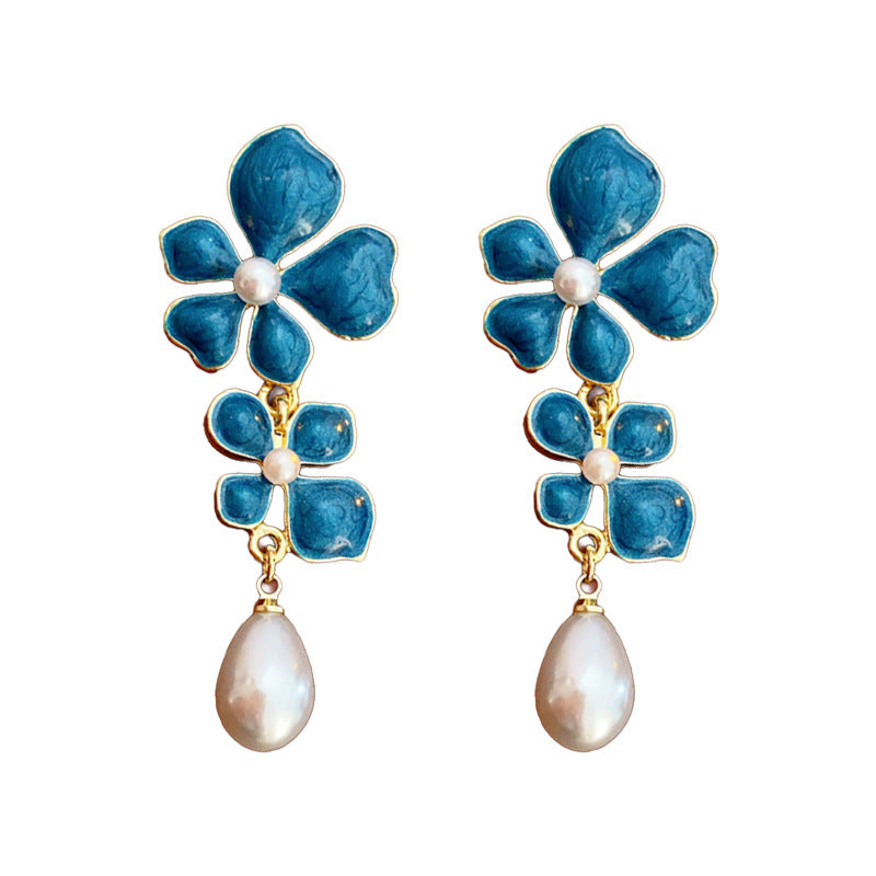 Medieval Flower Geometric Flower Artificial Pearl Oil Dripping Earrings