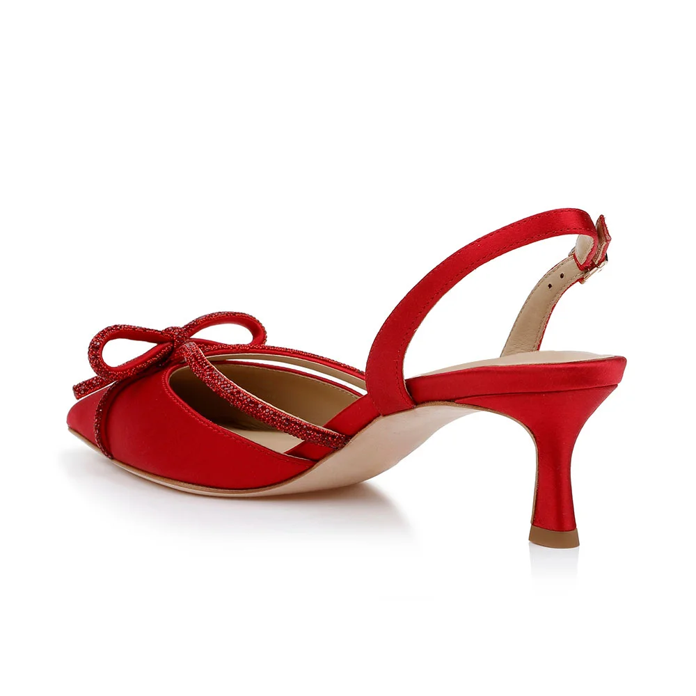 YDN Shiny Red Satin Pointed Toe Slingback Rhinestone Bow Heels