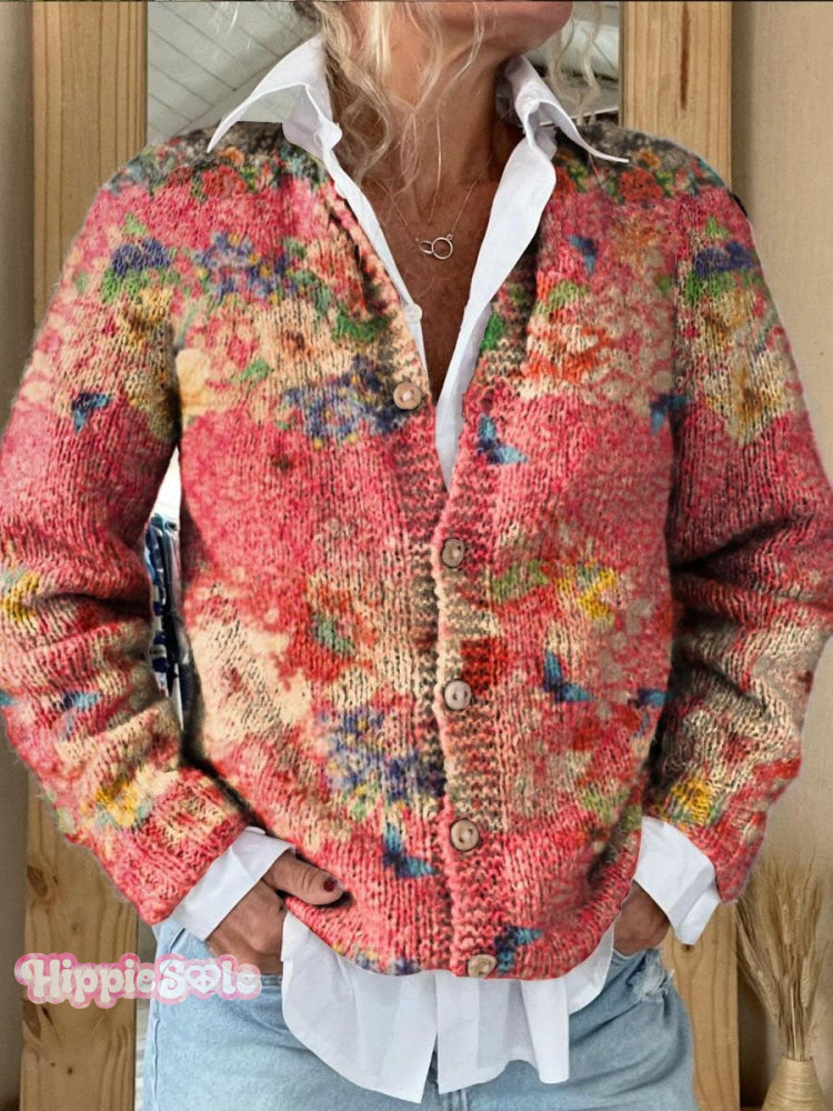 Women’s Bright Floral Art Print Button Cardigan Sweater-1 / S