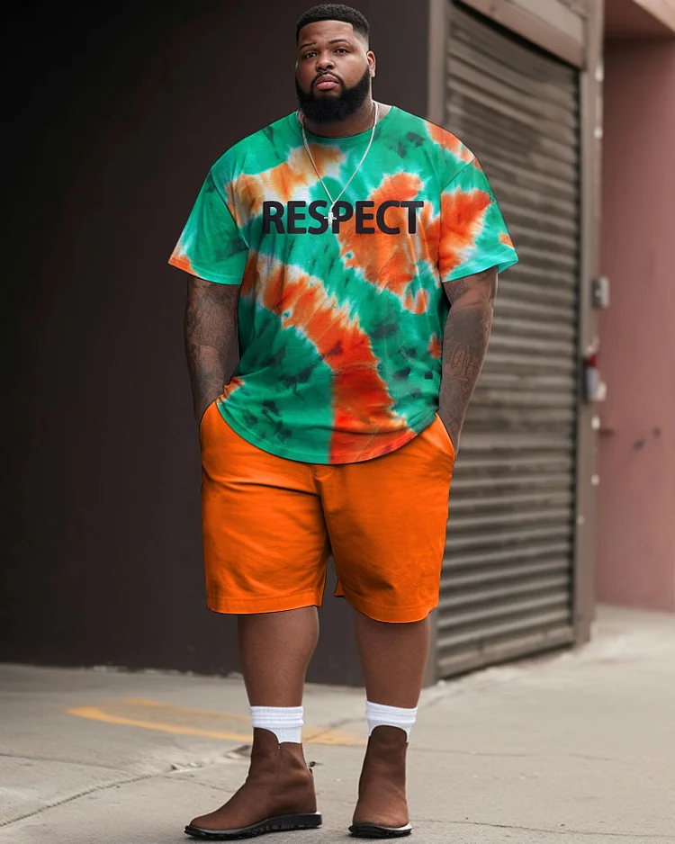 Men's Large Letter RESPECT Tie-Dye Sports Style T-Shirt & Shorts Set
