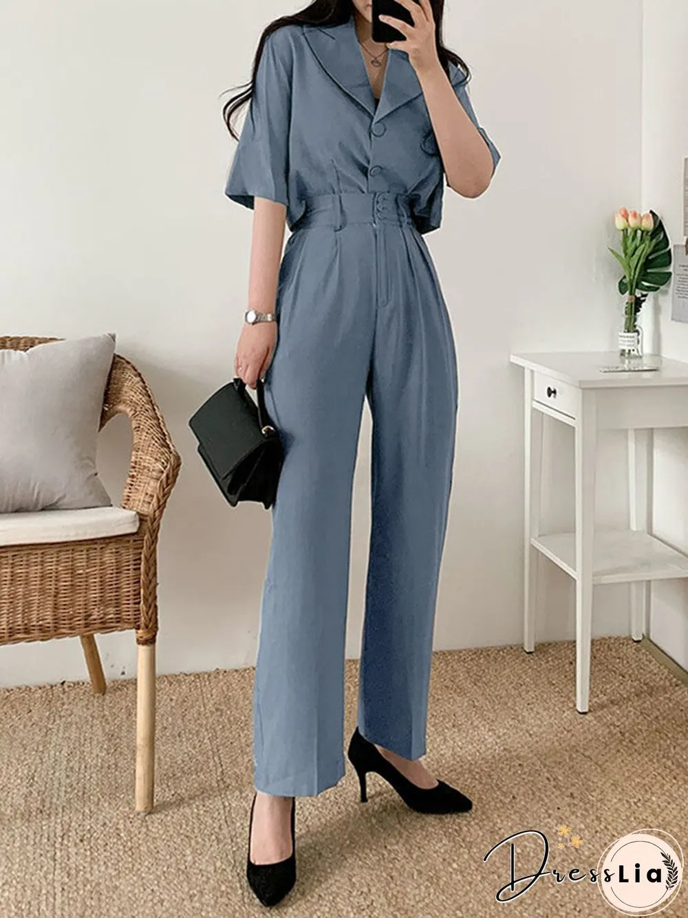 Solid Button Front Pocket Lapel Short Sleeve Two Pieces Suit