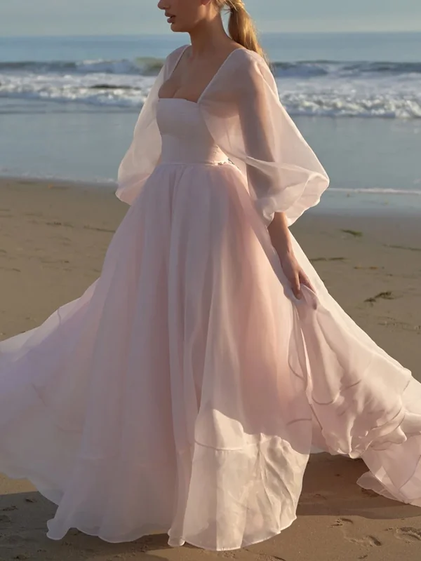 Square Collar Solid Color Chiffon Vacation Maxi Dress