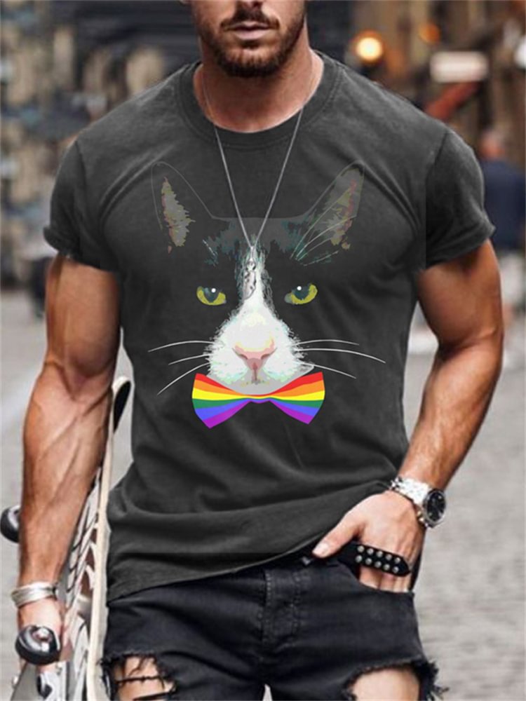 BrosWear LGBT Gay Cat With Rainbow Bow Tie T Shirts