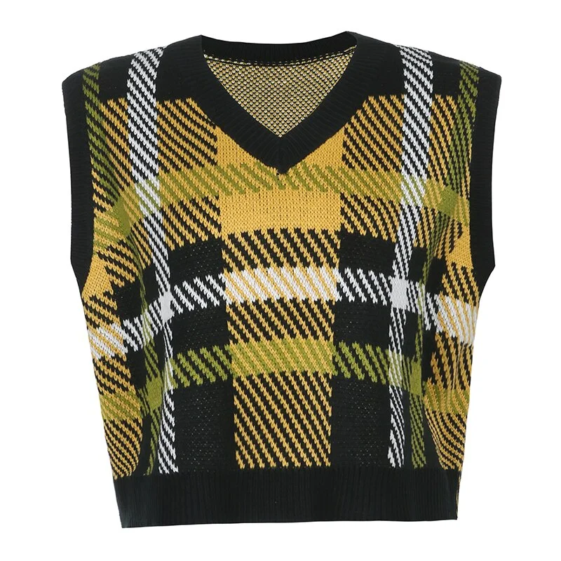 HEYounGIRL Y2K Checkered Sweater Vest Women Plaid Casual Sleeveless Knitted Vests Ladies Preppy Style V Neck Pullover Autumn