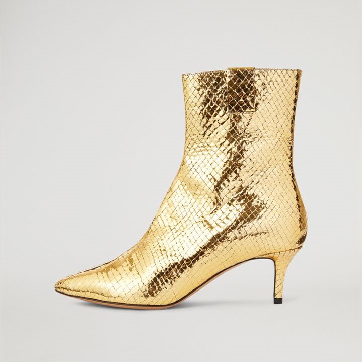 Gold Textured Metallic Fashion Booties Kitten Heel Ankle Boots|FSJshoes