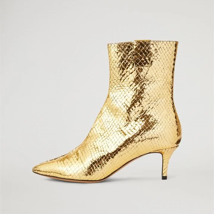 Gold Metallic Textured Kitten Heel Fashion Ankle Boots Vdcoo