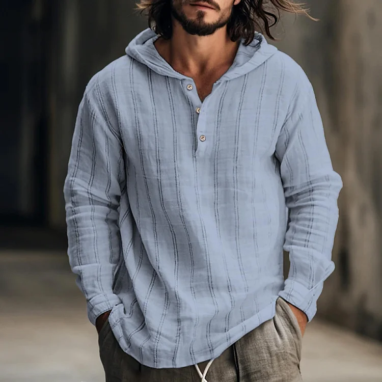 Retro Striped Linen Blend Hooded Shirt