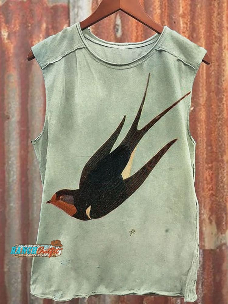 Vintage Swallow Art Print 100% Cotton Casual Tank Top Multicolor / S