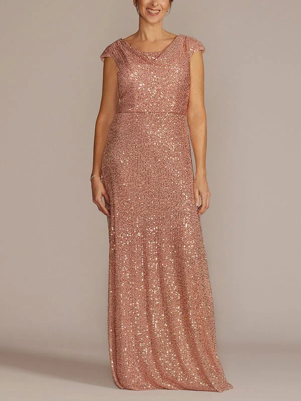 Cowl Neck Cap Sleeve Allover Sequin Gown