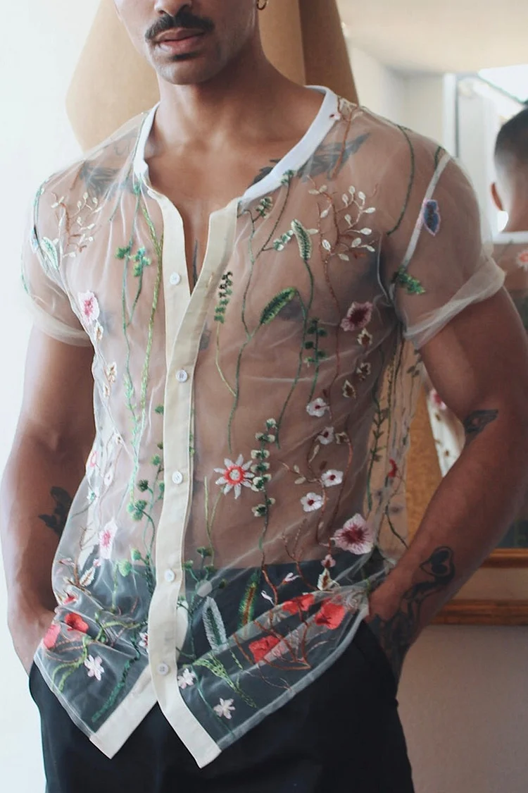 Ciciful Men's Floral Embroidery See Through Short Sleeve Shirt