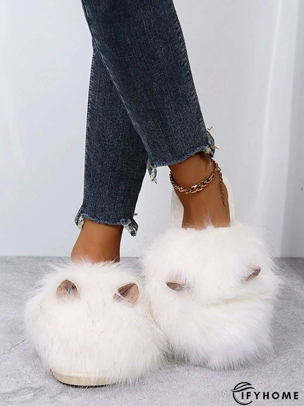 Cute Cat Ears Mohair Warm Fleece Indoor Slippers | IFYHOME