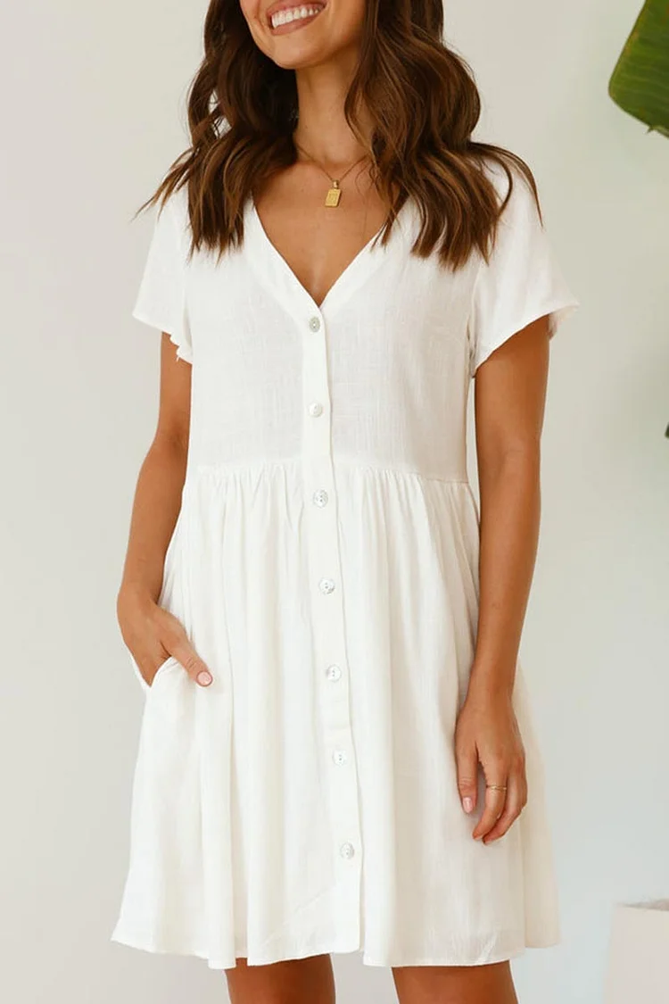 V Neck Short Sleeve Button Up Pleated Plain Linen Mini Dresses [Pre Order]