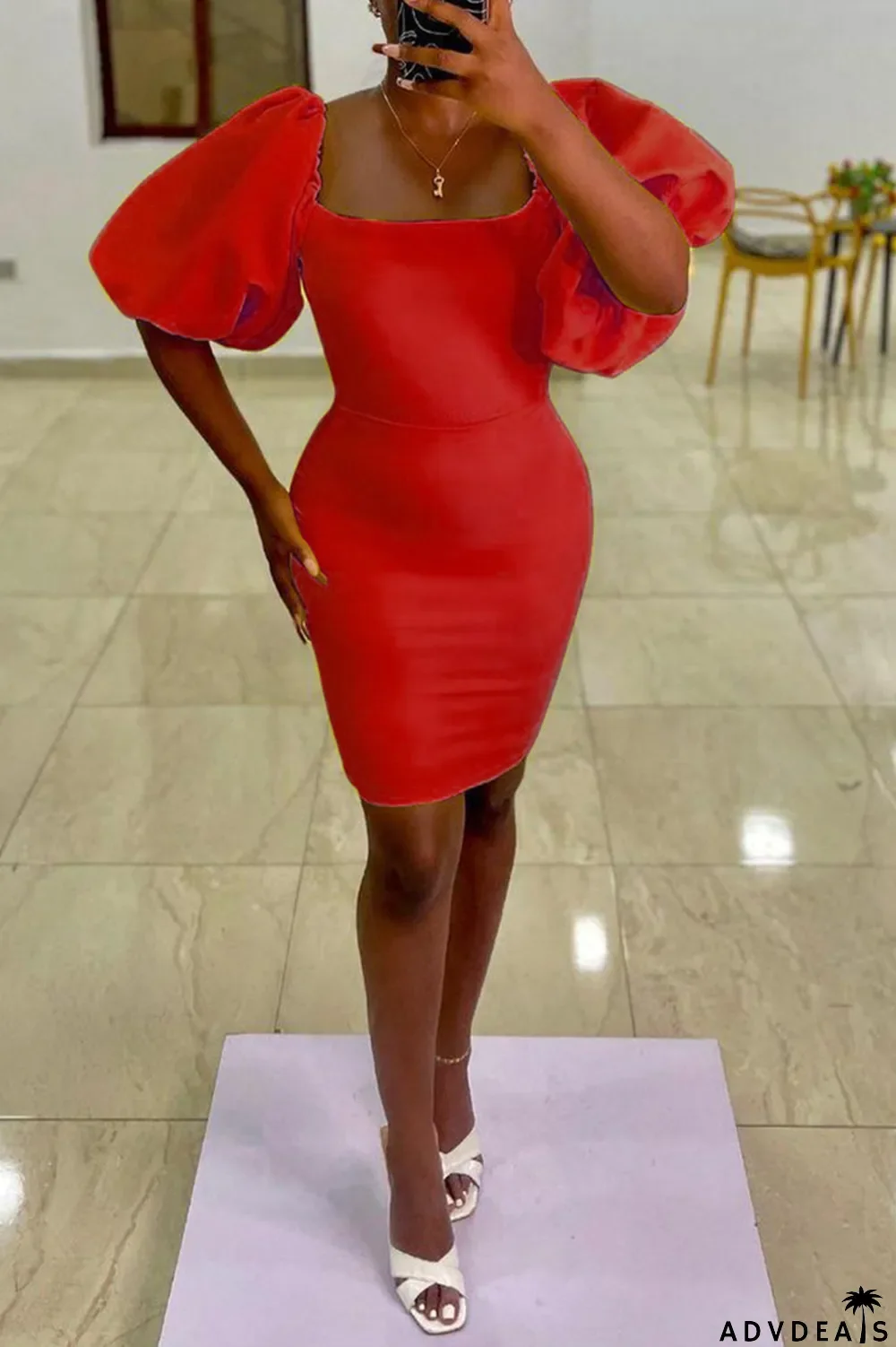 Yellow Sexy Casual Solid Basic Square Collar Short Sleeve Dress